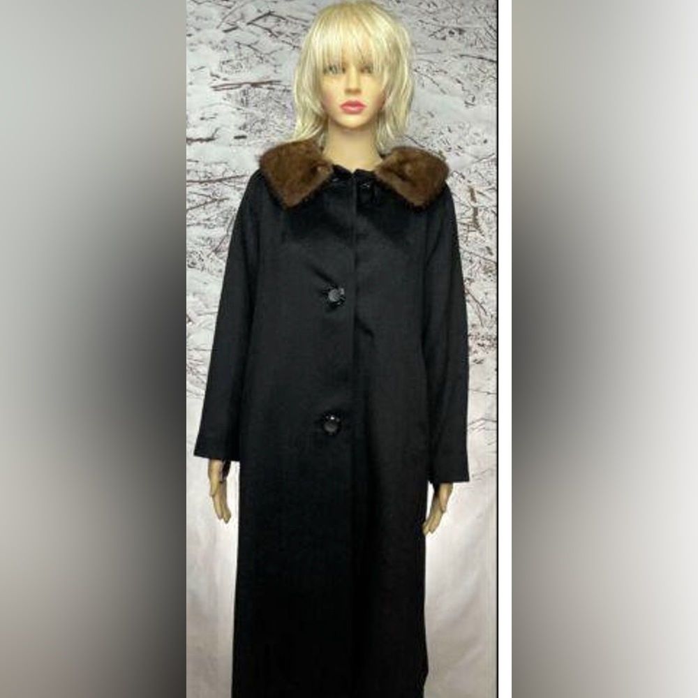1940’s -1950’s Tailored Townley Women’s Long Black Mohair Coat w Mink Collar